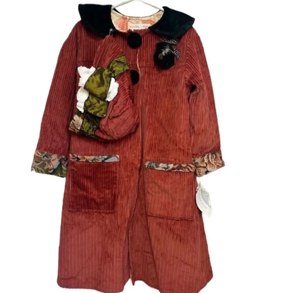 NEW Sunda Rose Rust Velvet Corduroy Prairie Long Pea Coat w/ Matching Hat 6-8